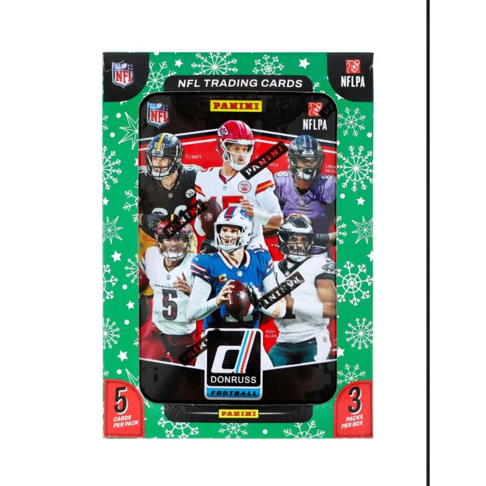 Donruss Football Trading Card Holiday Tin and Jumbo Value Pack Bundle, 2025 with Three Press Proof Purple Cards