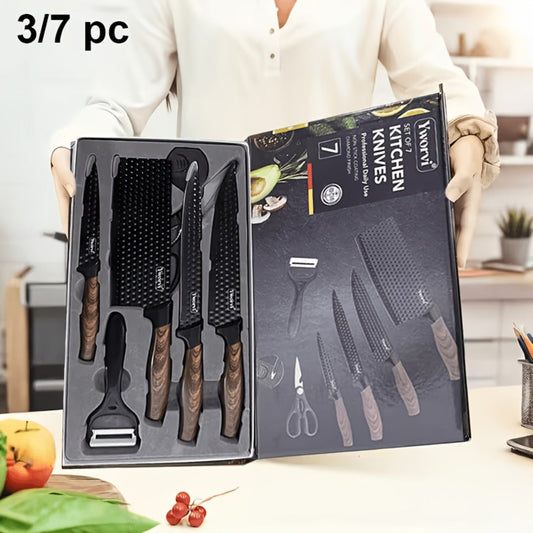 Kitchen Knife Set 3- or 7-Piece Stainless Steel with Black Handles, Sharpener and Poultry Shears Options