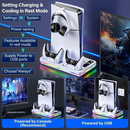 RGB Console Stand Compatible with PS5, Slim and Pro Models, Three-Speed Fan and Dual Controller Charging Dock