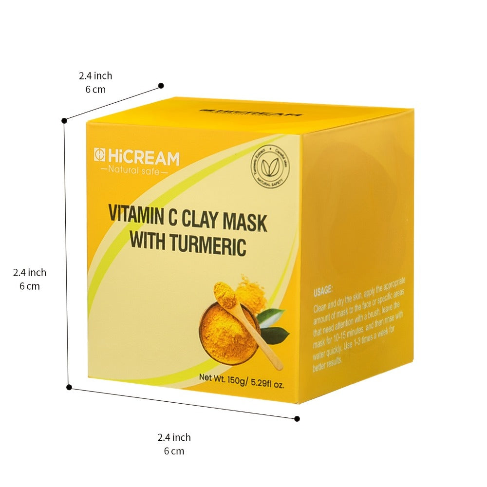 Face Mask, HICREAM Turmeric Vitamin C Kaolin Clay Formula in Jar Packaging for Rinse-Off Facial Use