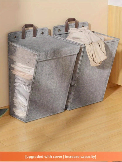 Large Gray Wall-Mounted Foldable Laundry Hamper with Lid for Bedrooms, Bathrooms and Living Rooms