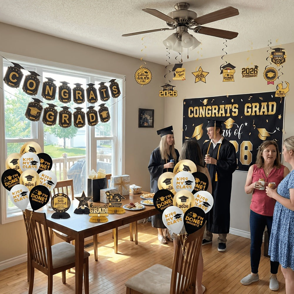 Class of 2026 Graduation Party Decorations – Complete Set with Backdrop Banner Hanging Swirls Balloons & Honeycomb Supplies, 6 Color Options Purple Maroon Blue Red Green Gold