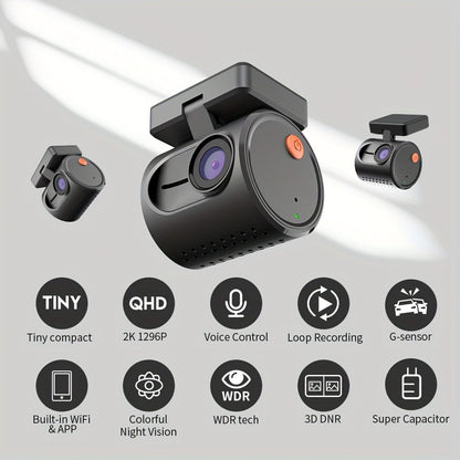 KAWA Mini 3 2K Dash Cam – 1296P QHD WiFi APP & Voice Control, Super Capacitor, Color Night Vision, WDR, Loop Recording, 24H Parking Monitor, Ultra Compact Car DVR