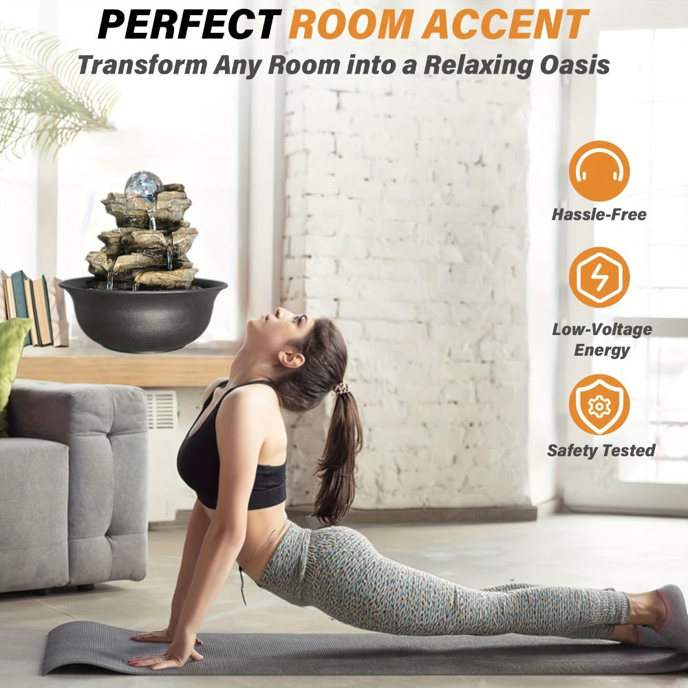Indoor Tabletop Fountain with LED Light, Rolling Crystal-Look Sphere and 8.3 x 7.9 x 7.9-Inch Stone-Look Waterfall Form