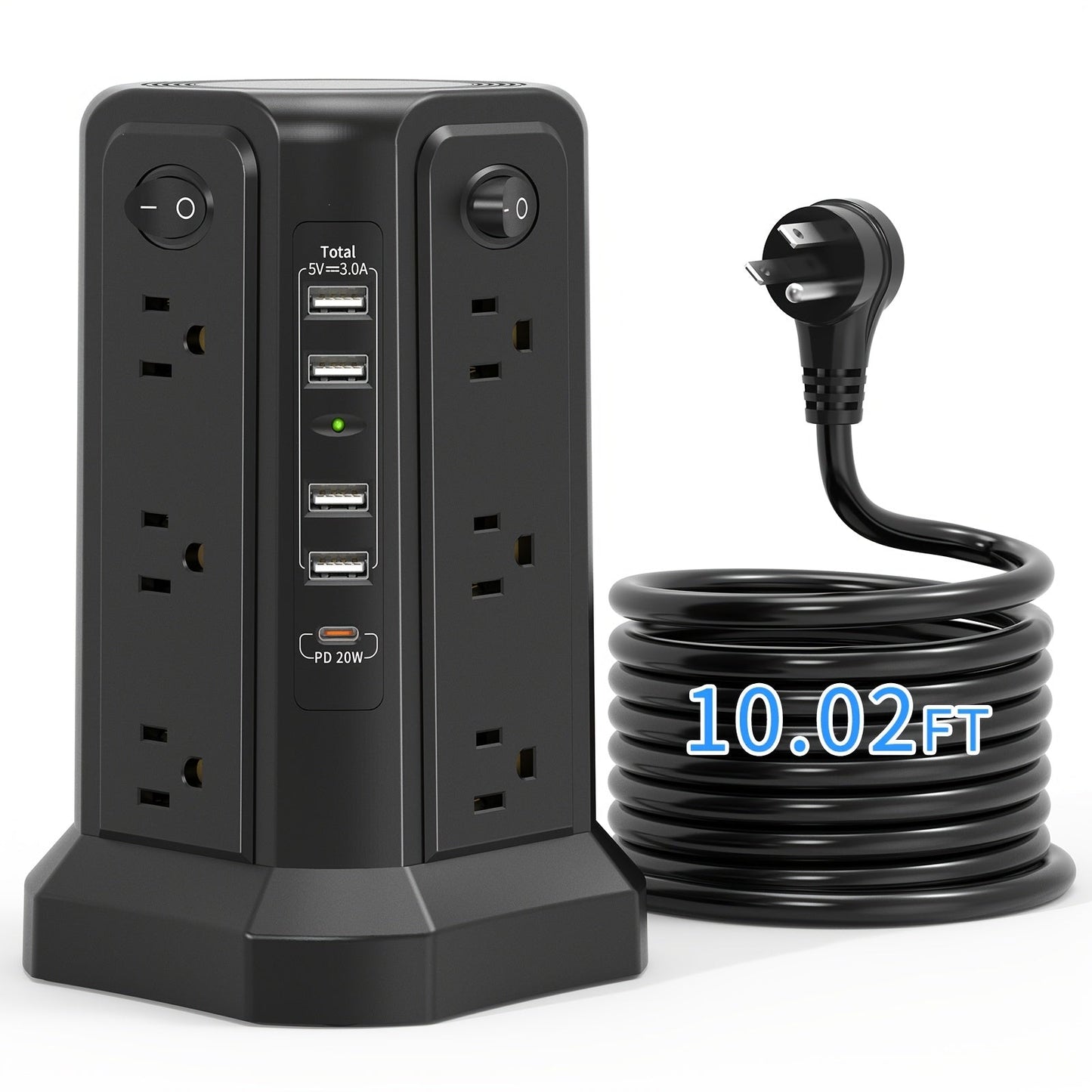 Surge Protector Power Strip Tower 17-in-1 with 12 AC Outlets, 4 USB-A, USB-C PD 18W and Four Group Switches