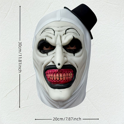 White Horror Clown Costume Mask with Full-Head Latex-Style Hood, Red Teeth and Attached Black Hat