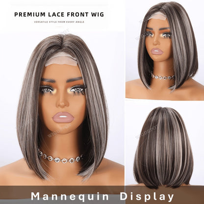 U Part Lace Front Bob Wig 4x1 Glueless Rose Net Cap Middle Part Natural Hairline Synthetic Wig for Women 14 Inch Brown Highlights Milky White Black Pink