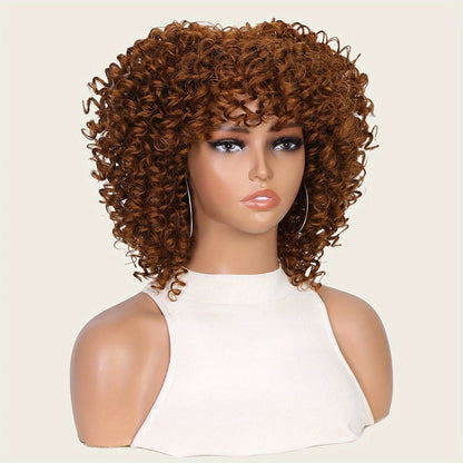 Afro Kinky Curly Wig for Black Women Short Synthetic Hair with Bangs 180% High Density Natural Fluffy Curls Stretch Cap Daily Wear Party Cosplay Fits All Head Sizes
