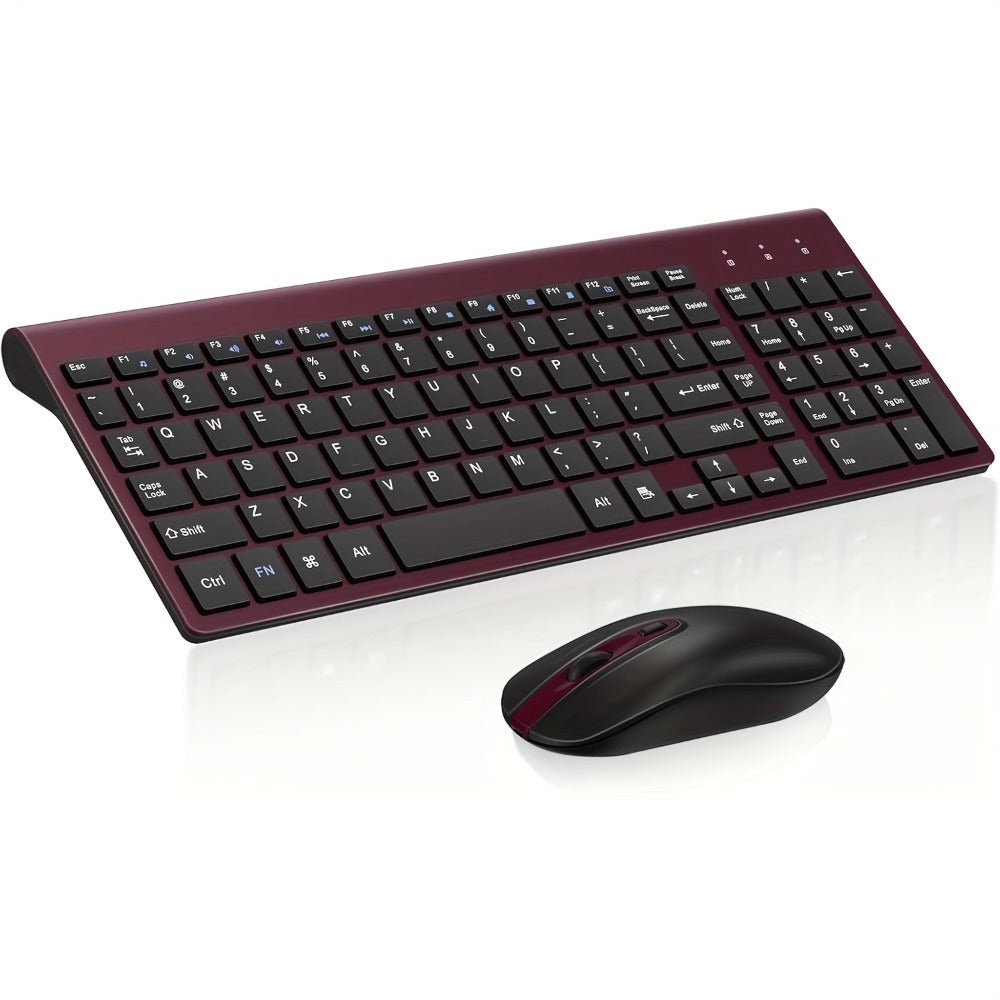 2.4G Wireless Keyboard and Mouse Combo Ultra-Thin Slim Full Size with Numpad Silent Keys Plug and Play USB Nano Receiver for Windows PC Desktop Laptop Home Office Blue Red