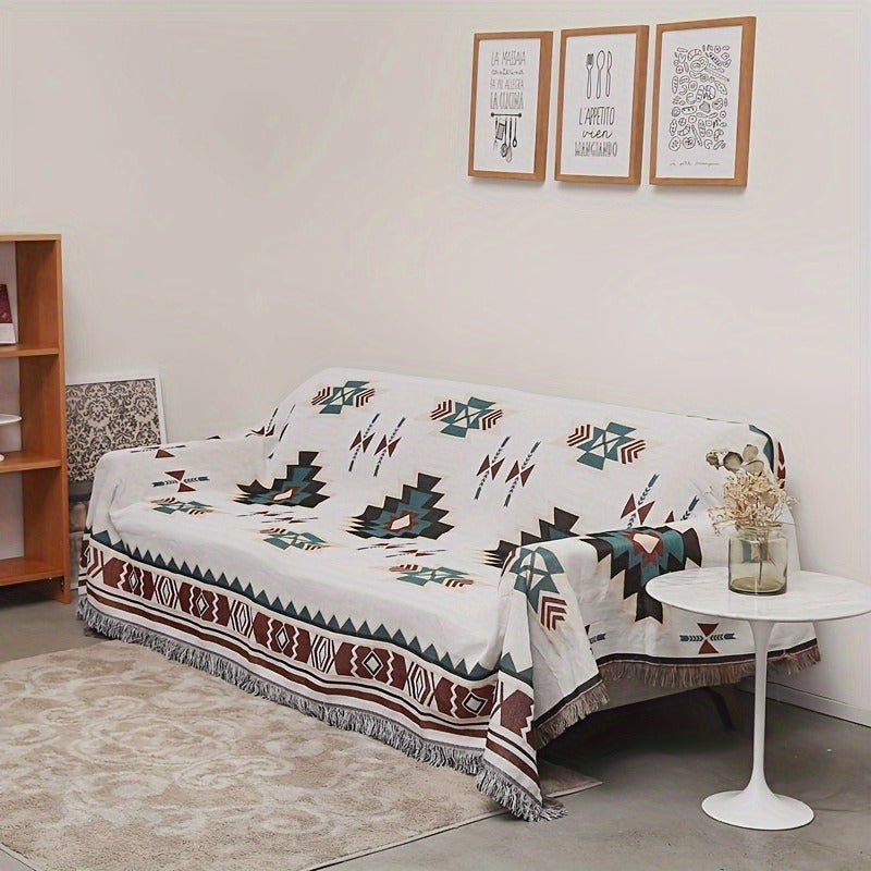Woven Picnic Blanket with Cream Geometric Bohemian Pattern and 35.43 x 70.86 or 51.18 x 70.86-Inch Sizes