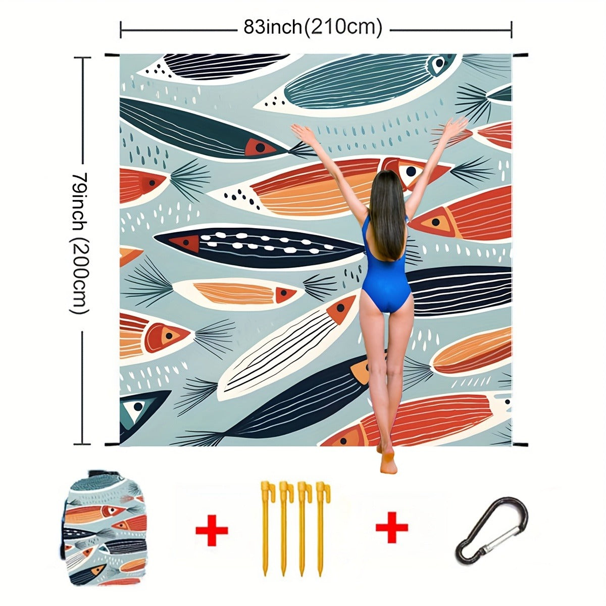 Printed Beach Mat with 19 Exact Size-and-Pattern Options, 198 x 205cm to 275 x 305cm with Stakes and Pouch