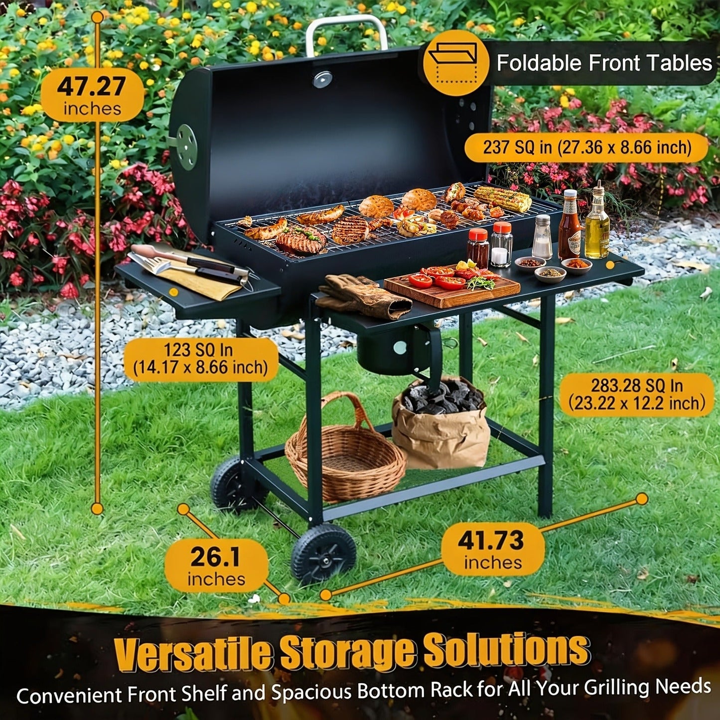 Charcoal Grill with Offset Smoker, Barrel BBQ Smoker Grill Combo for Backyard & Patio, Heavy-Duty Outdoor Charcoal Smoker with Side Firebox for Smoking, Grilling & BBQ Parties