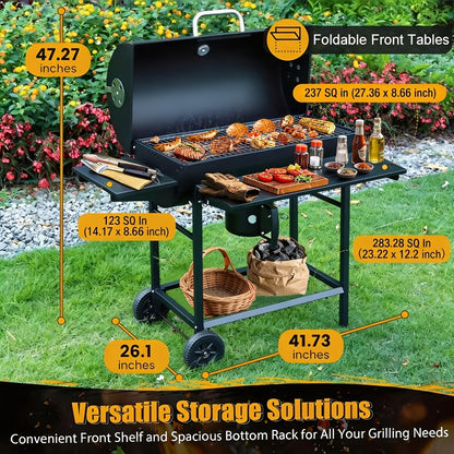 Charcoal Grill with Offset Smoker, Barrel BBQ Smoker Grill Combo for Backyard & Patio, Heavy-Duty Outdoor Charcoal Smoker with Side Firebox for Smoking, Grilling & BBQ Parties