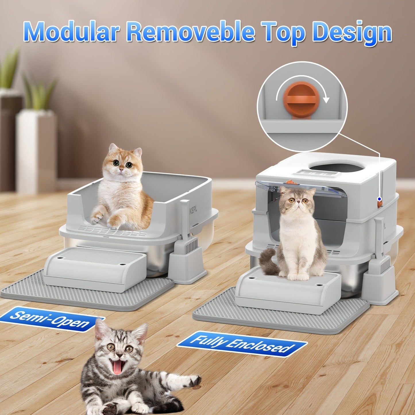 Stainless Steel Cat Litter Box with Lid - Extra Large 68L Enclosed & Semi-Open Modular System, 304 Steel Non-Stick Easy Clean, Charcoal Filter, Litter Mat & Scoop Included, Indoor XL Pet Toilet
