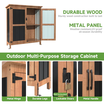 Metal Outdoor Storage Cabinets with Shelf-Equipped Tall or Low Models and 3 x 2 x 4.6 Ft Shed Option