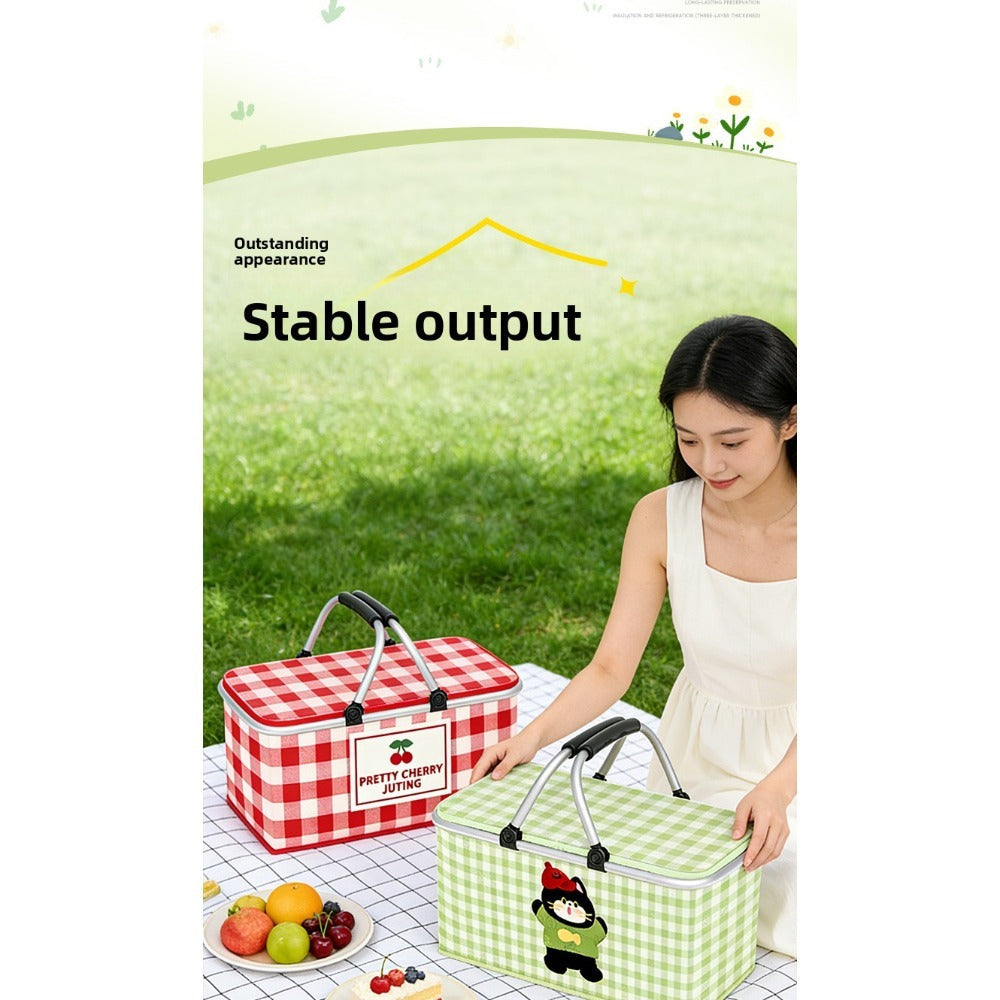 Aluminum-Frame Picnic Basket in Four Exact Fried-Egg, Kitten, Rabbit and Cherry Pattern Options