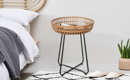Rattan Side Table Nesting Tables Set of 2 Round Boho End Table Natural Bamboo Woven Coffee Table Metal Base for Living Room Bedroom Sofa Terrace