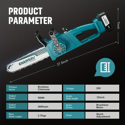 Cordless Chainsaw with Brushless Motor – 6 & 12-Inch Lithium Battery Electric Saw, Auto-Oiling, Safety Lock, Heavy-Duty Wood Cutting & Garden Tool
