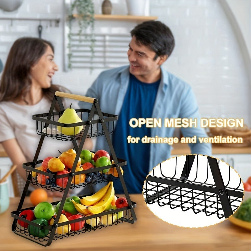 Tiered Fruit Basket with Removable Wooden Handles – 2 or 3 Tier Metal Kitchen Counter Organizer for Produce, Bread & Snacks