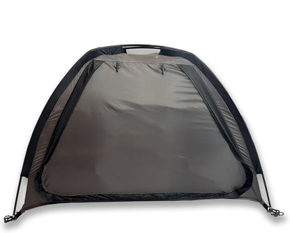 Curved-Top Nine-Shelf Camping Organizer in Brown or Gray with Zippered Front Flap and Folded Carry Form