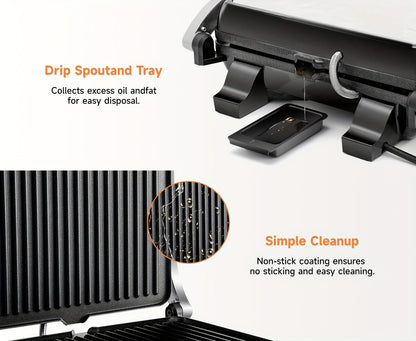 Sandwich Maker 3-in-1 Mini Indoor Grill & Panini Press – Non-Stick 180° Opening, Floating Hinge, 60-Min Timer, Temp Control & Grease Tray | Compact Electric Grill for Home & Dorm