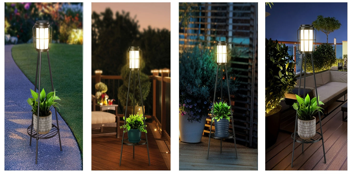 Solar Floor Lamp with Metal Plant Stand 36 Inch Outdoor Solar Light Flower Shelf for Patio Deck Yard Garden Outdoor Decor Gift Set of 2
