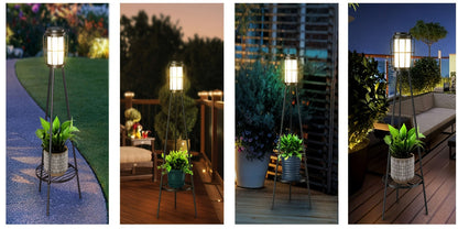 Solar Floor Lamp with Metal Plant Stand 36 Inch Outdoor Solar Light Flower Shelf for Patio Deck Yard Garden Outdoor Decor Gift Set of 2