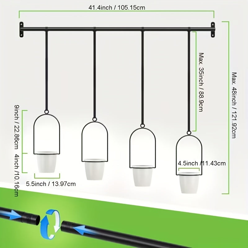 Adjustable Black Metal Hanging Plant Rack with Four Pot Holders for Wall or Window Display