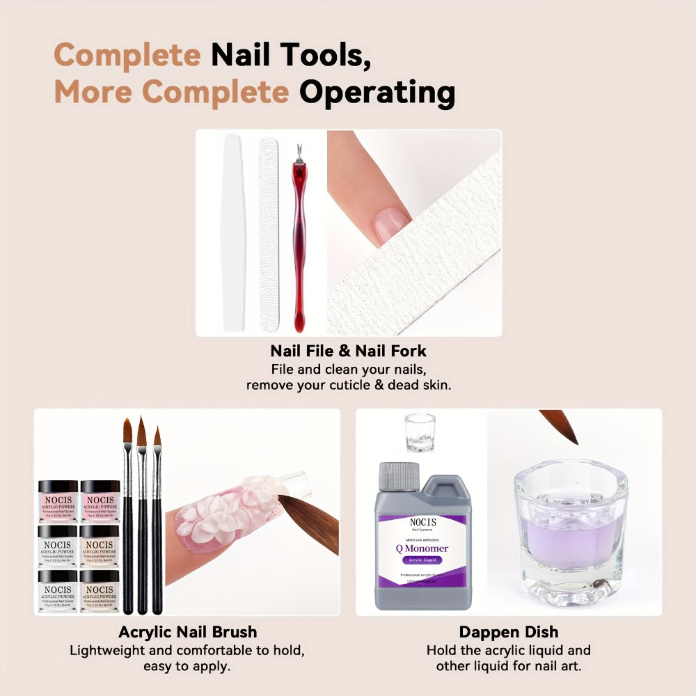 Six-Color Acrylic Nail Powder Set with Monomer Bottle and Application Tool Assortment in Three Set Codes