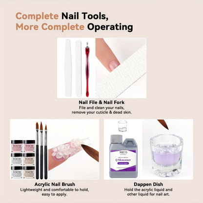 Six-Color Acrylic Nail Powder Set with Monomer Bottle and Application Tool Assortment in Three Set Codes
