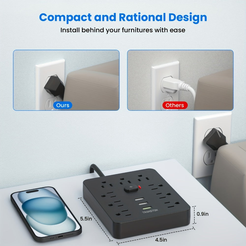 Power Strip 12-in-1 with 45-Degree Angled Plug, 9 AC Outlets, 3 USB-A Ports and 10-Foot Extension Cord