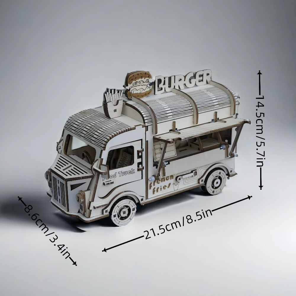 Wooden Food Truck 3D Puzzle Model Kit with Burger Stand Body, Miniature Tables and Pictured 21.5 cm Length