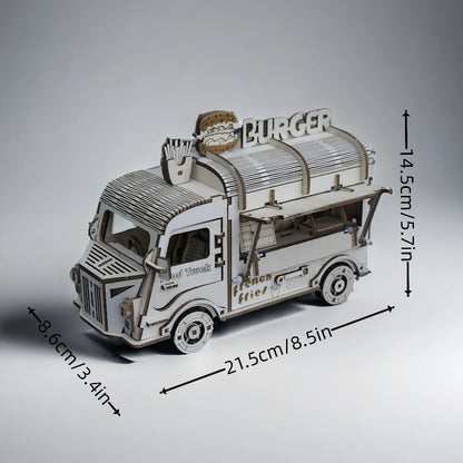 Wooden Food Truck 3D Puzzle Model Kit with Burger Stand Body, Miniature Tables and Pictured 21.5 cm Length