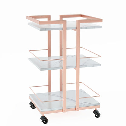 3-Shelf Rolling Salon Cart with Lockable Wheels 130lbs per Shelf – Heavy Duty Metal Frame Waterproof Utility Trolley for Esthetician, Spa, Tattoo, Massage & Manicure, Gold White Rose Gold Black