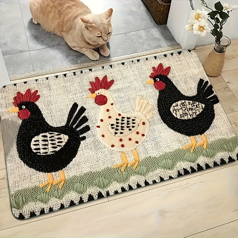Rooster Print Door Mat with Light Striped Field and Fringed-Look Border in Three Rectangles or One Runner