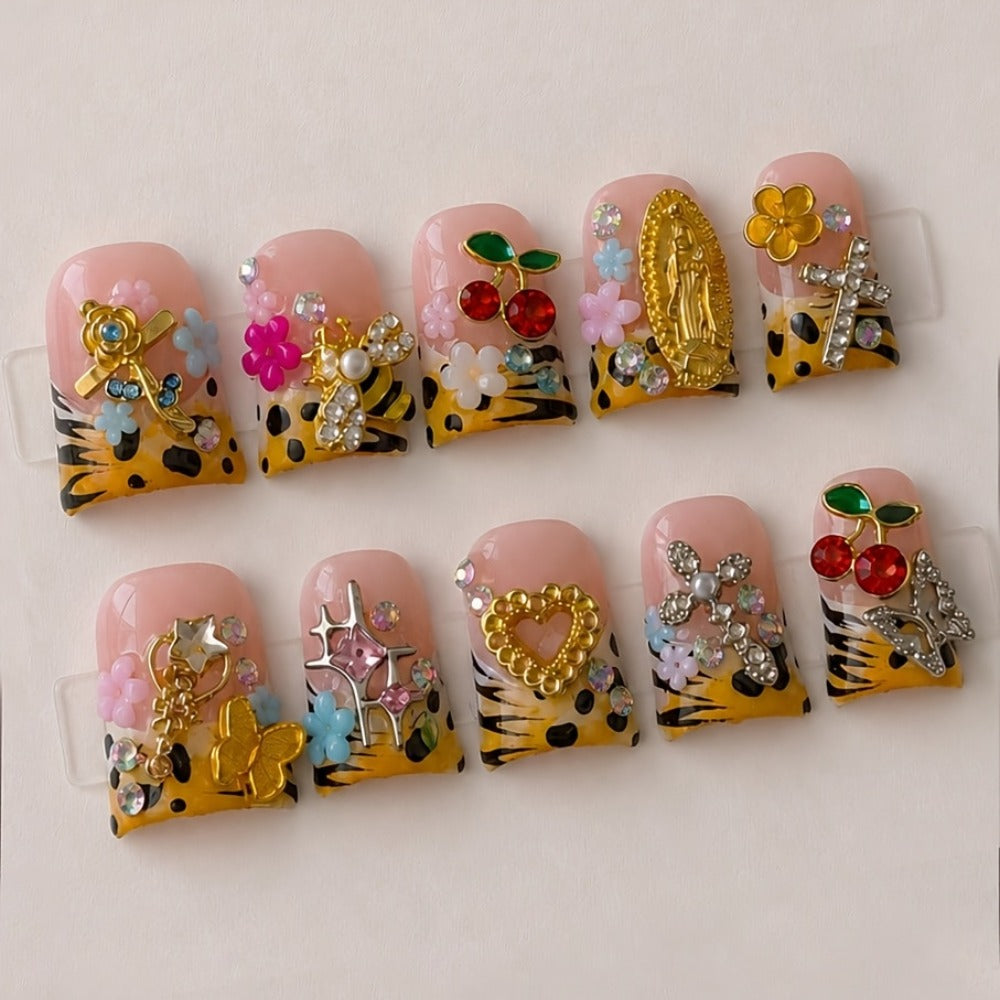 Press On Nails 10-Piece Short Duck-Tip Acrylic Set with Cherry, Bee, Flower, Cross and Star Designs