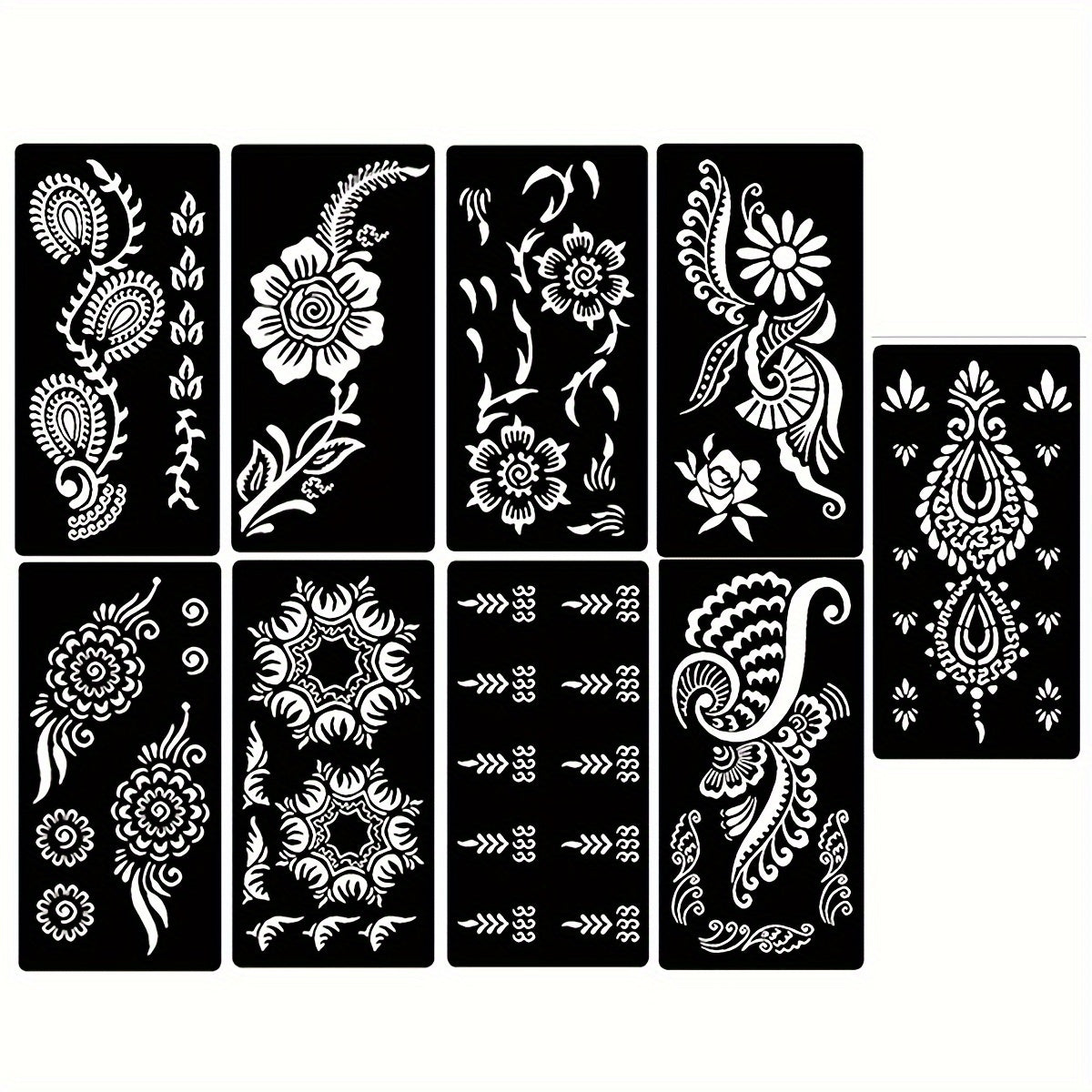 Nine-Sheet Reusable Tattoo Stencil Set with Long Floral and Henna-Style Pattern Cards in HN1 or HN2