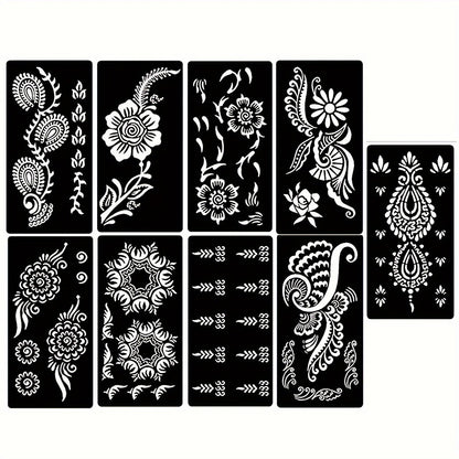 Nine-Sheet Reusable Tattoo Stencil Set with Long Floral and Henna-Style Pattern Cards in HN1 or HN2