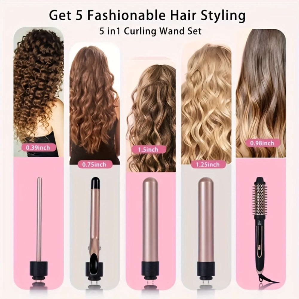 Ceramic Curling Iron Set 5-in-1 with Interchangeable Barrels & Heat Brush – Professional Hair Curler Wand Styling Kit for Long-Lasting Waves & Curls, All Hair Types Women, Includes Heat Gloves & Clips