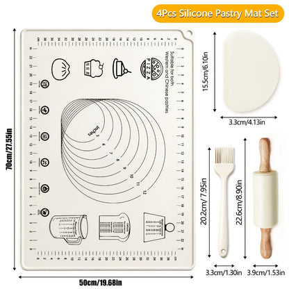 Silicone Baking Mat Set 4pcs, Extra Thick Non-Stick Pastry Mat with Measurement Scales, Non-Slip Dough Kneading Mat, Includes Rolling Pin, Dough Scraper and Storage Bag, Reusable Kitchen Baking Tools