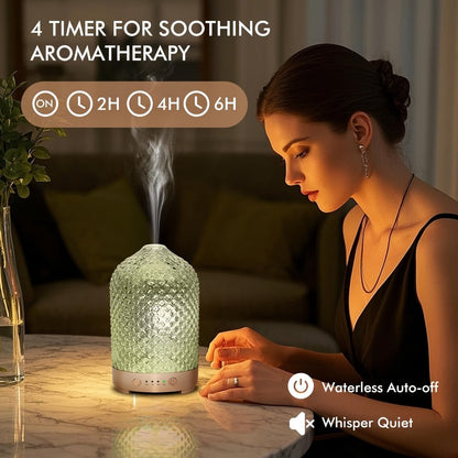 200ml Essential Oil Diffuser with Textured Glass-Style Cover, Seven-Color Light and 2H, 4H or 6H Timer