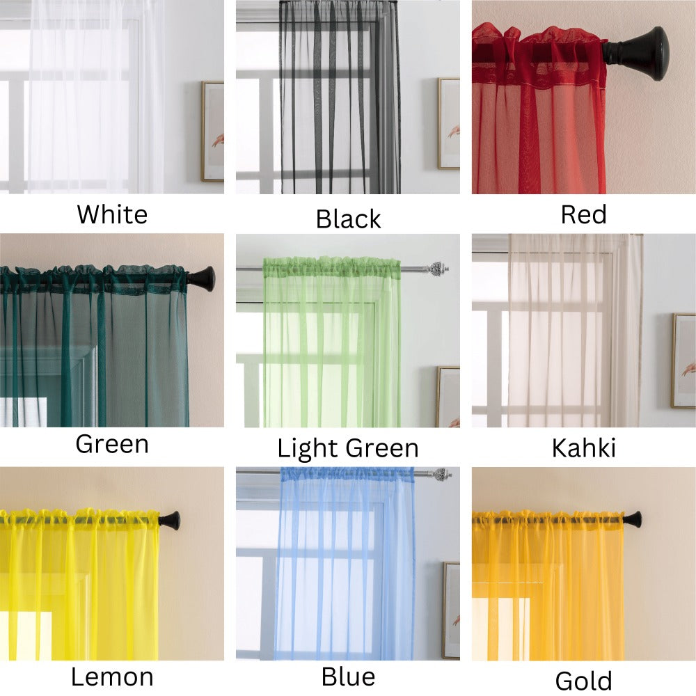 Two-Panel Solid Sheer Curtains with Rod-Pocket Header, Seven Colors and Four Size Configurations