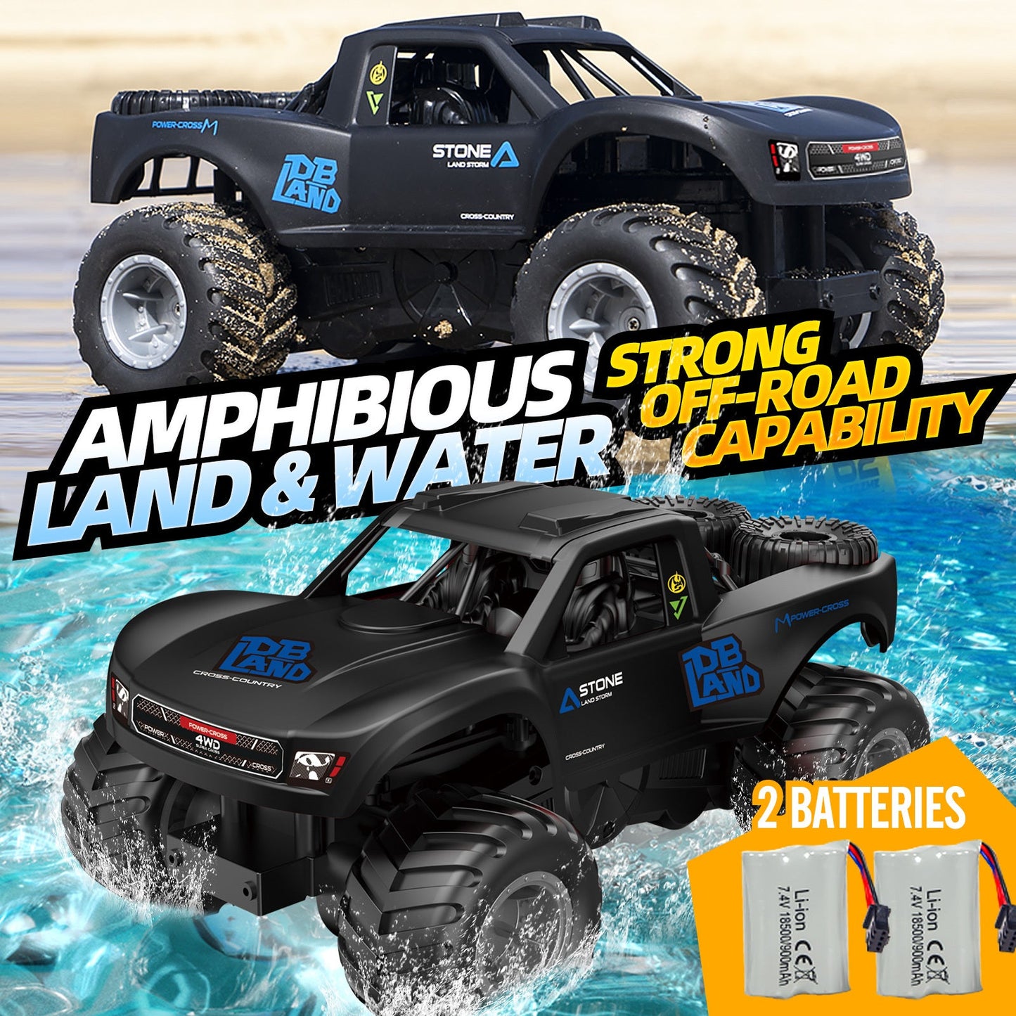 RC Monster Truck or Pickup 1:16 Scale in Five Body and Color Styles with 4WD Layout and Two Rechargeable Batteries