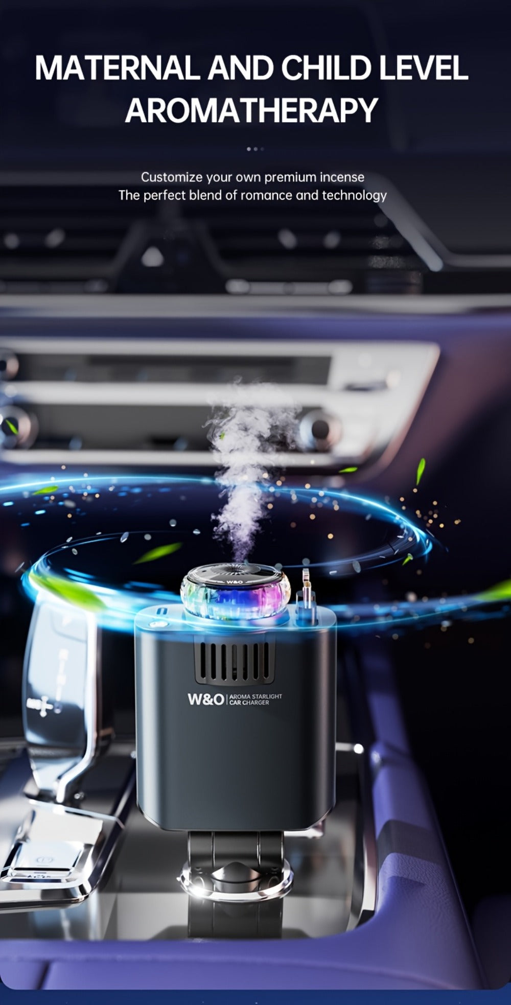 3-in-1 Car Charger, Air Freshener & Starry Sky Ceiling Light – Retractable Type-C & Lightning Cable, Aromatherapy Perfume, Purple Ambient Light, for iPhone & Android