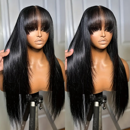 Long Straight Synthetic Lace-Front Wig with Curtain Bangs and Five 26-Inch Solid or Gradient Color Options