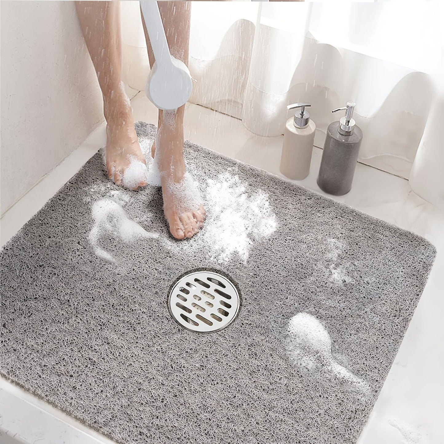 24-Inch Square PVC Loofah Shower Bath Mat with Drain Holes in Grey, White or Beige Color Options