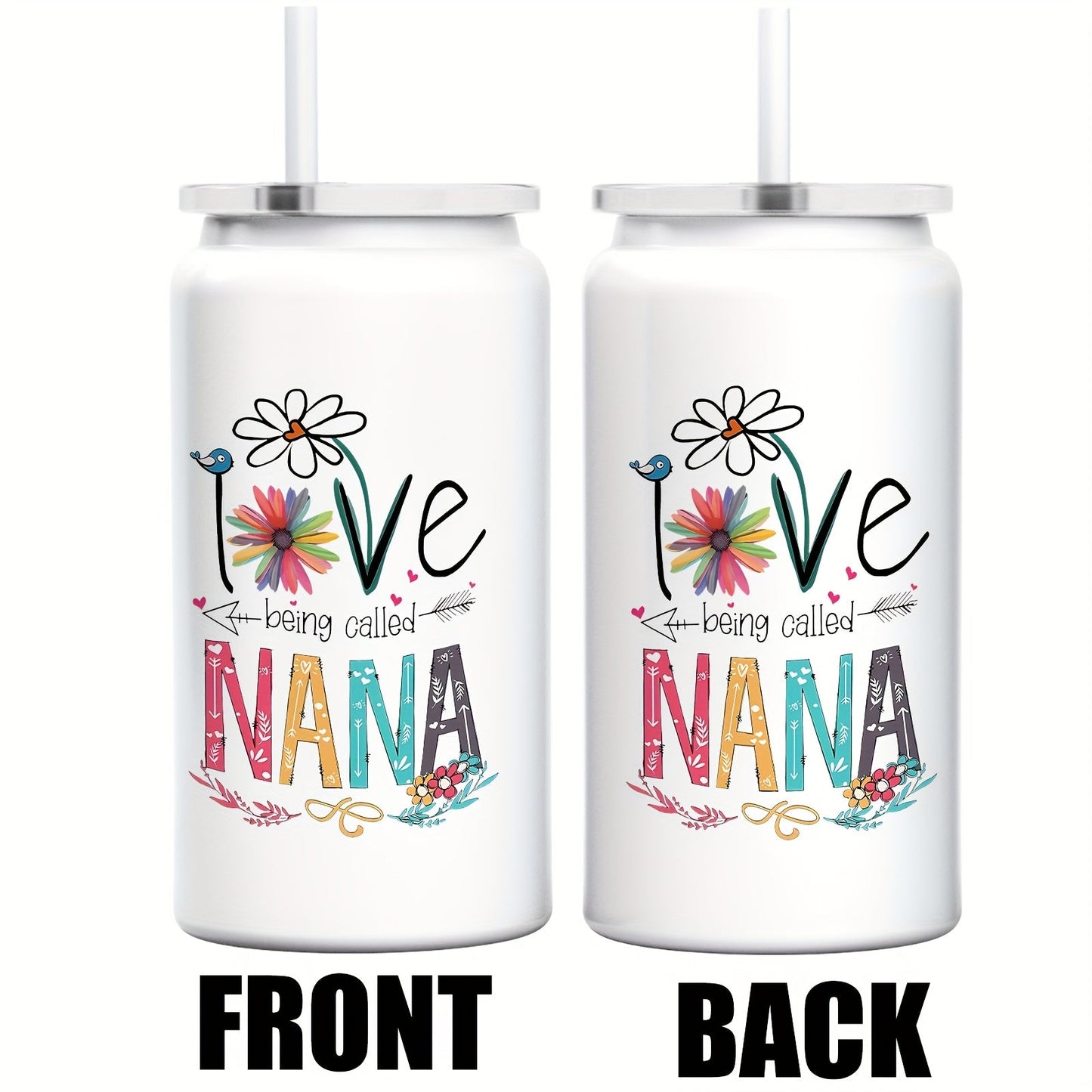 Floral Nana Graphic Stainless Steel Tumbler with Lid and Straw in White 16oz or 40oz Options