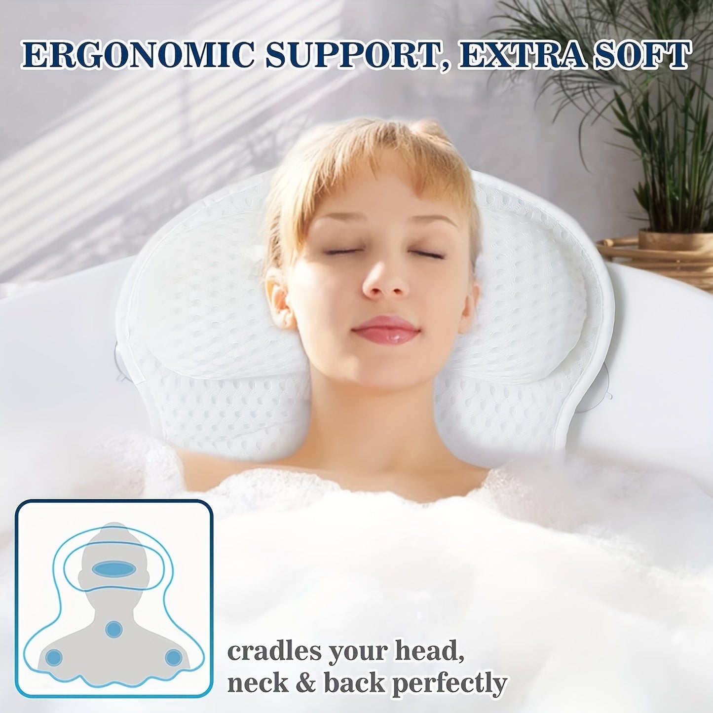 Contoured Bathtub Neck and Back Cushion with 4D Air Mesh, Suction Cups and White or Gray Finish