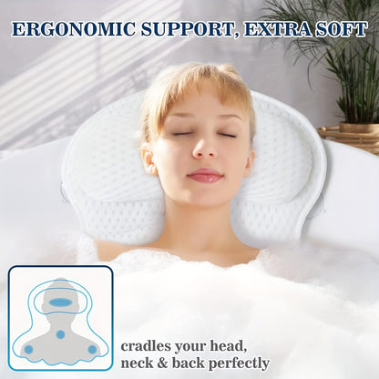Contoured Bathtub Neck and Back Cushion with 4D Air Mesh, Suction Cups and White or Gray Finish