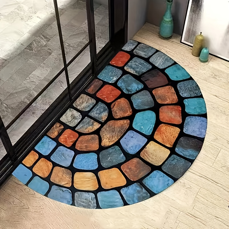 Half-Round Mosaic Bath Mat in Blue or Yellow Microfiber, 16 x 24 and 20 x 32-Inch Size Options